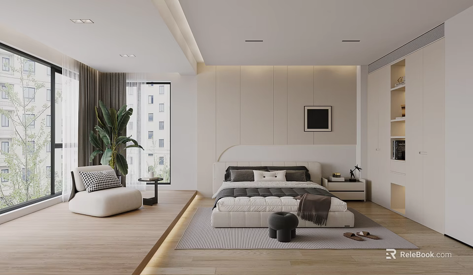 Modern Bedroom Interior With Bed White Gray Tones Floor to Ceiling Windows And Green Plant 3d model 
