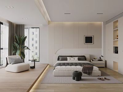 Modern Bedroom Interior With Bed White Gray Tones Floor to Ceiling Windows And Green Plant 3d model