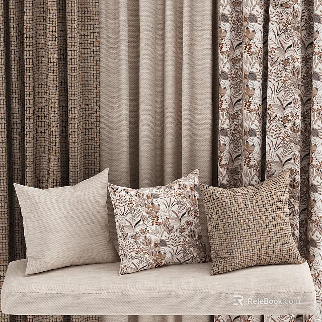 Curtains and Pillows With Various Textile Patterns For Modern Home Interior 3d model 