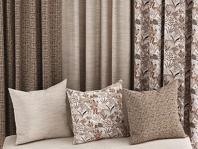 Curtains and Pillows With Various Textile Patterns For Modern Home Interior 3d model