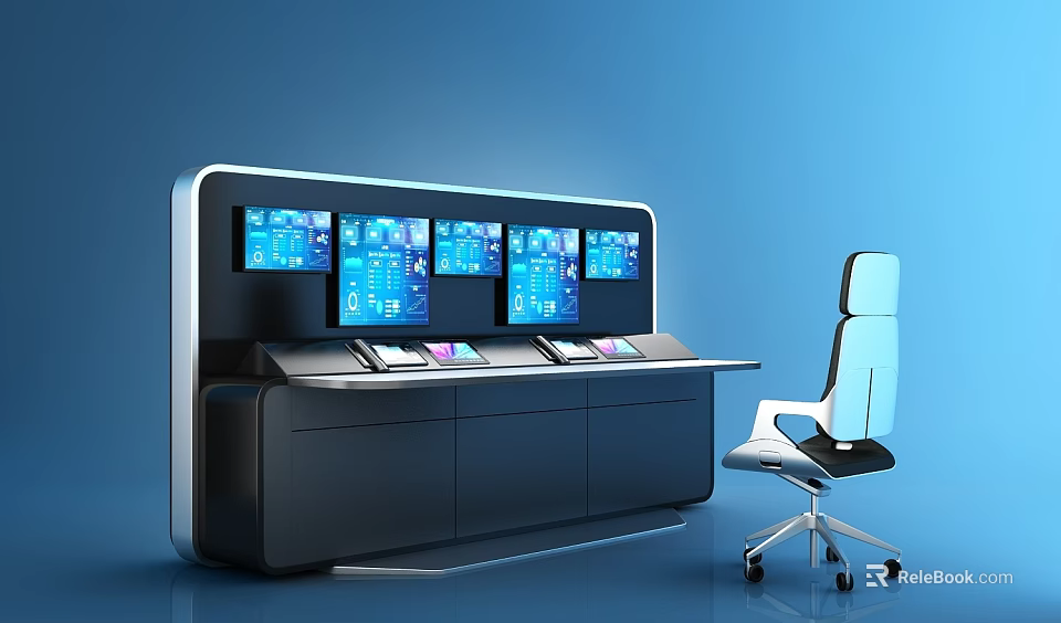 Modern Office Desk With Multiple Digital Screens And Ergonomic Chair Setup 3d model 