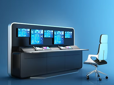 Modern Office Desk With Multiple Digital Screens And Ergonomic Chair Setup 3d model