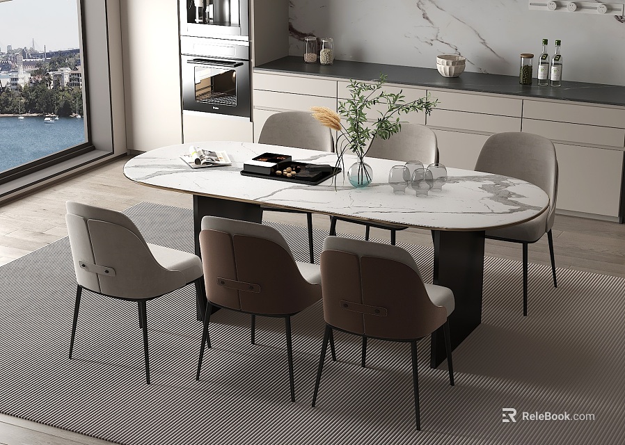 Modern Oval Dining Table Set With Six Beige Fabric Chairs And Marble Top 3d model 