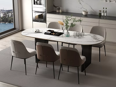 Modern Oval Dining Table Set With Six Beige Fabric Chairs And Marble Top 3d model