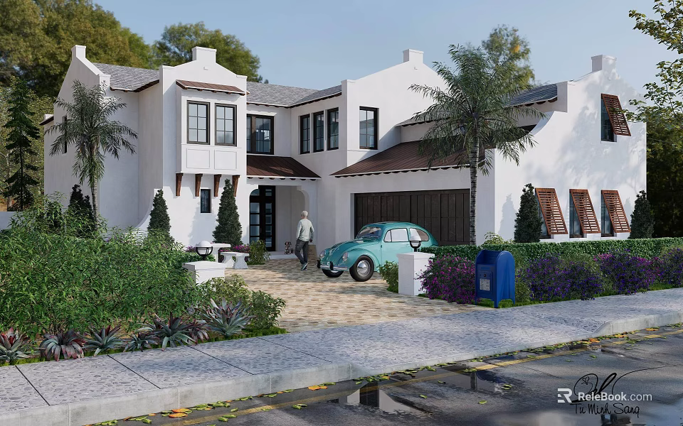 White Exterior Detached Villa With Palm Trees Vintage Car And Landscaped Front Yard 3d model 