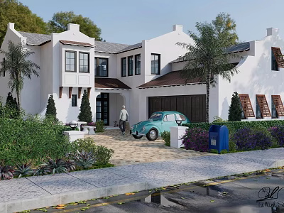 White Exterior Detached Villa With Palm Trees Vintage Car And Landscaped Front Yard 3d model