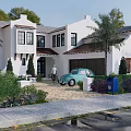White Exterior Detached Villa With Palm Trees Vintage Car And Landscaped Front Yard