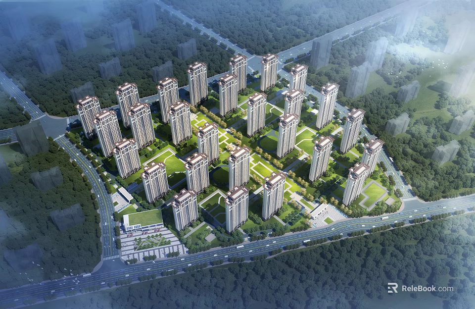 Modern Residential Buildings With Lush Greenery And Well Planned Surrounding Roads 3d model 