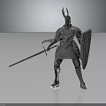 Fantasy Metallic Creature Character In Silver Armor Holding Sword And Shield Standing Pose