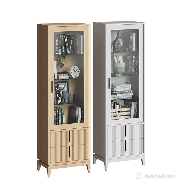 Light Wood and White Glass Door Bookcases Featuring Books Decorative Items and Drawers 3d model 