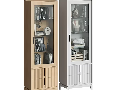 Light Wood and White Glass Door Bookcases Featuring Books Decorative Items and Drawers 3d model