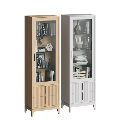 Light Wood and White Glass Door Bookcases Featuring Books Decorative Items and Drawers 3d model