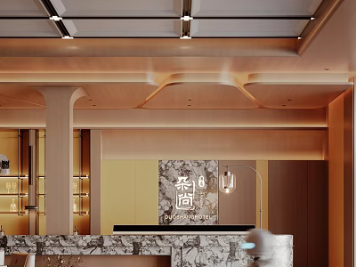 Elegant Modern Hotel Lobby Interior With Marble Reception Desk Wooden Ceiling And Decorative Shelves 3d model