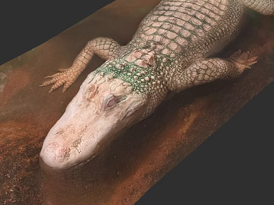 Albino Alligator Reptile With White Skin Green Algae And Red Eyes At Water Edge 3d model