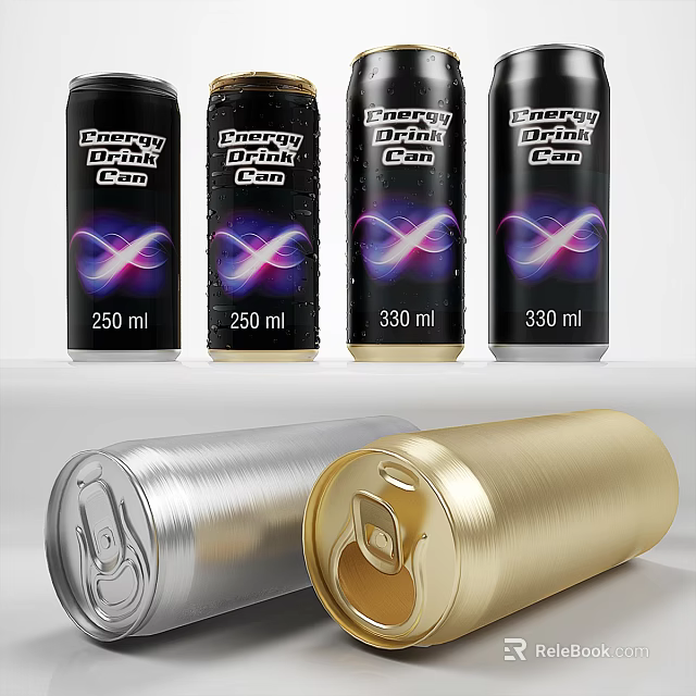 Energy Drink Cans In Silver And Gold Colors With 250ml And 330ml Sizes 3d model 