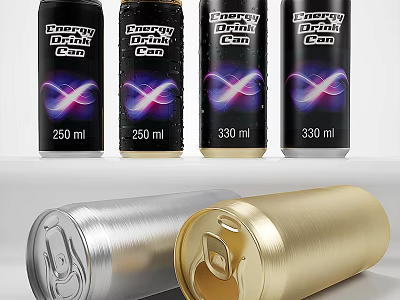 Energy Drink Cans In Silver And Gold Colors With 250ml And 330ml Sizes 3d model