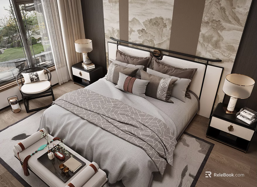 Double Bed Bedroom Interior With Cozy Pillows Nightstands Table Lamps And Decorative Paintings 3d model 
