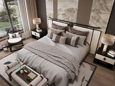 Double Bed Bedroom Interior With Cozy Pillows Nightstands Table Lamps And Decorative Paintings 3d model