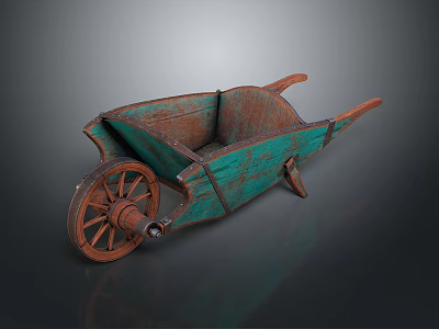 Vintage Wooden Wheelbarrow With Green Brown Finish Rustic Style Classic Garden Design 3d model