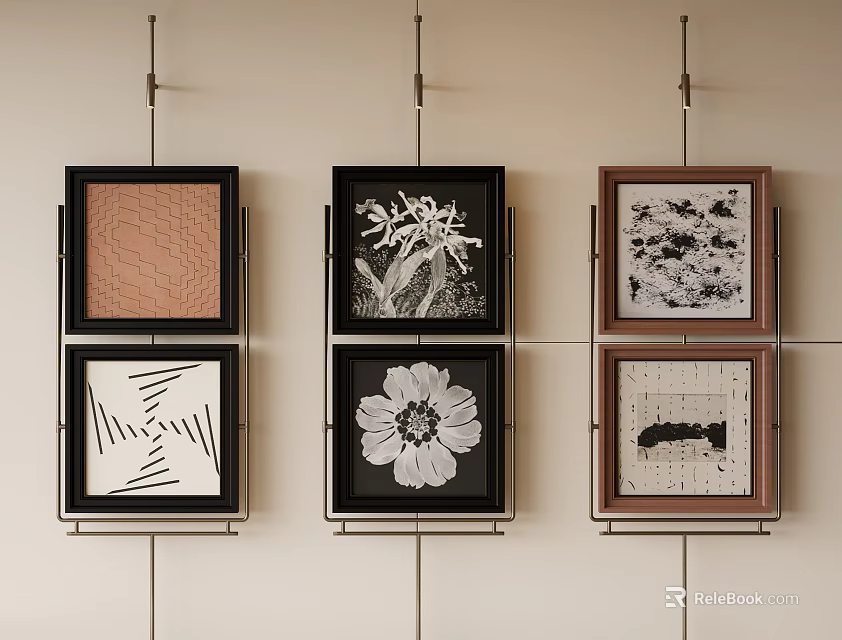 Six Abstract Paintings On Wall With Geometric Lines Plant Patterns And Textures 3d model 
