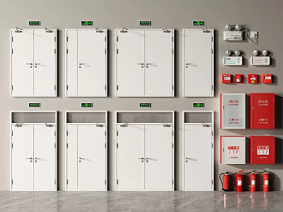 White Double Doors Storage Cabinets With Red Fire Extinguishers And Safety Equipment 3d model