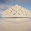 Cubic Museum Building With Red And Gray Geometric Patterns And Open Top Area 3d model