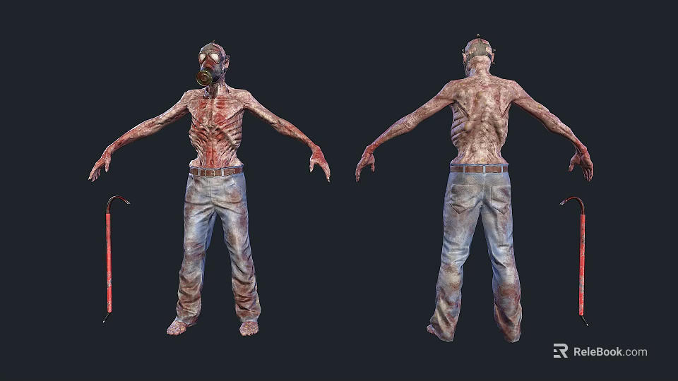 Zombie Like Man With Decayed Skin Wearing Gas Mask Jeans And Holding Crutch 3d model 