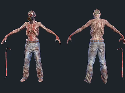 Zombie Like Man With Decayed Skin Wearing Gas Mask Jeans And Holding Crutch 3d model