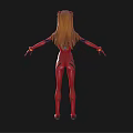 Futuristic Humanoid Character In Red Bodysuit With Orange Long Hair Green Details And Outstretched Arms