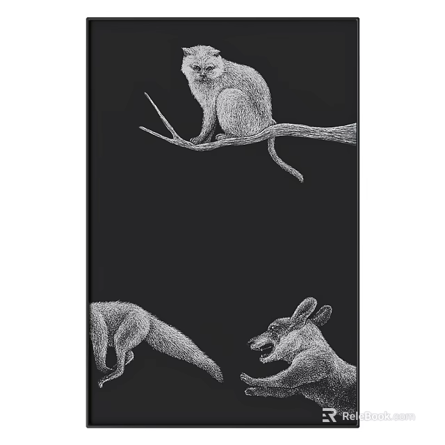 Detailed Animal Drawings in Black and White with Monkey on Branch and Fox 3d model 