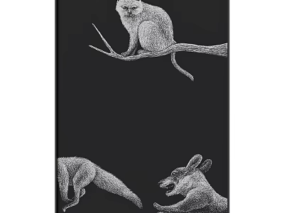 Detailed Animal Drawings in Black and White with Monkey on Branch and Fox 3d model