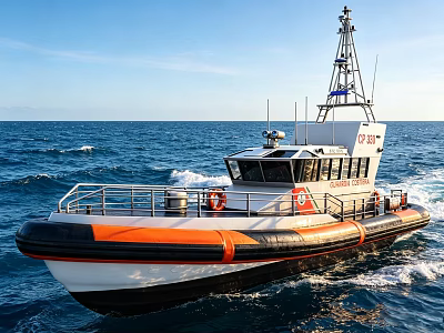 Rescue Ship with White and Orange Hull Sailing in Blue Ocean with Railing and Antenna 3d model
