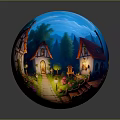 Cartoon Scenery With Fairy Tale Cottages Red Roofs Forest Garden Flowers Stone Path And Lanterns