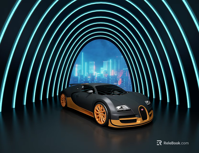 Black Gold Bugatti Car In Arched Structure With Neon Lights And City Night View 3d model 