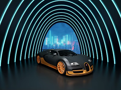 Black Gold Bugatti Car In Arched Structure With Neon Lights And City Night View 3d model