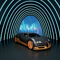 Black Gold Bugatti Car In Arched Structure With Neon Lights And City Night View