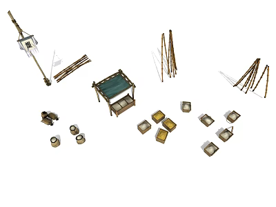 Garden Decorative Items With Bamboo Poles Wooden Pergola And Stone Planters 3d model