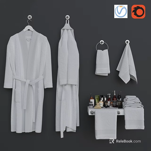 High Quality Soft White Bathrobes Hanging Towels and Folded Linens with Toiletries 3d model 