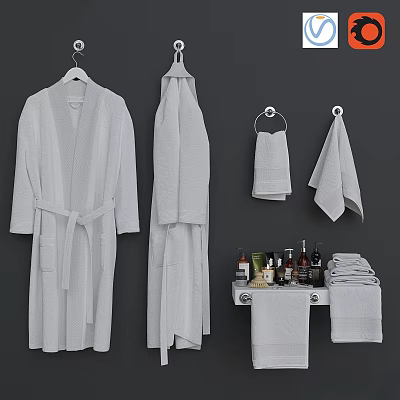 High Quality Soft White Bathrobes Hanging Towels and Folded Linens with Toiletries 3d model