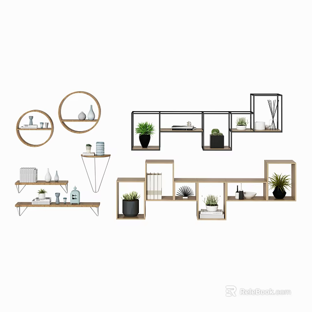Stylish Modern Wall And Hanging Cabinets With Geometric Shapes Decorative Plants And Display Shelves 3d model 