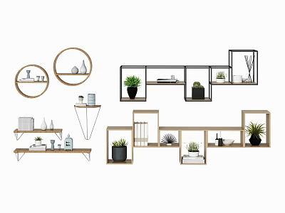Stylish Modern Wall And Hanging Cabinets With Geometric Shapes Decorative Plants And Display Shelves 3d model