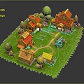 3D Cartoon Village Scene With Small Houses Red Roofs Green Grass Trees Well And Fences