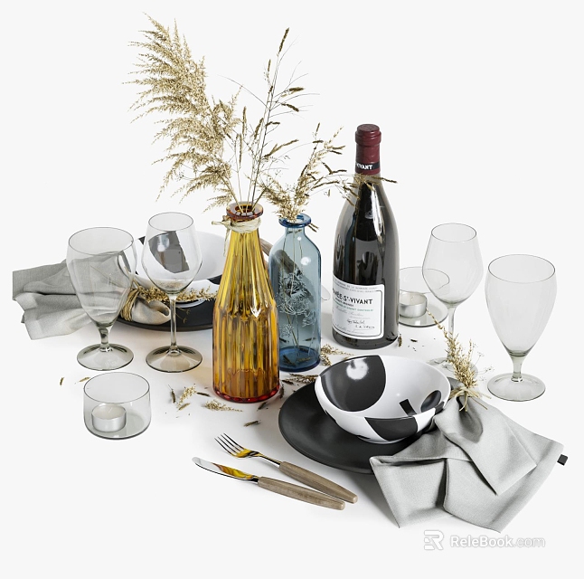 Elegant Ceramic Ware Display With Vases Wine Glasses And Decorative Grass 3d model 