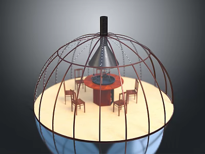Indoor Round Dining Furniture Set With Wooden Table Chairs And Metal Dome Structure 3d model