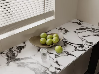 Green Apples On Marble Countertop With Bowl And Water Glass 3d model
