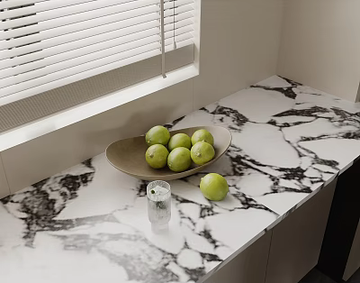 Green Apples On Marble Countertop With Bowl And Water Glass 3d model