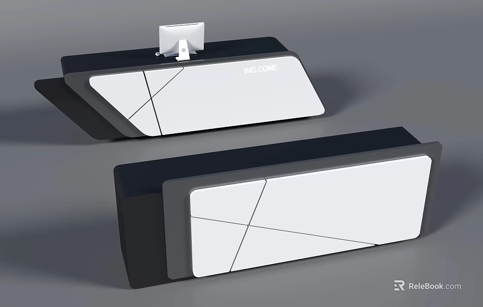 Modern Reception Desk Design With Geometric Patterns White Black Surface And Monitor 3d model 