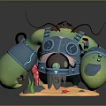 Mechanical Crab Creature With Green Body Blue Armor Sandy Base Red Star And Plants