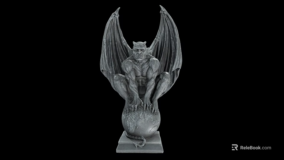 Detailed Winged Demon Sculpture Carving Crouching On Sphere With Pedestal Base 3d model 