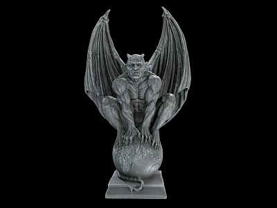 Detailed Winged Demon Sculpture Carving Crouching On Sphere With Pedestal Base 3d model